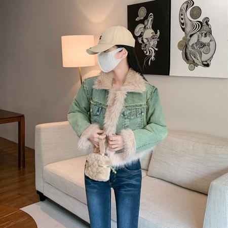 复古羊羔毛牛仔外套女冬季新款短款皮毛一体毛毛绒大衣  服裝批發女裝批發服飾貨源