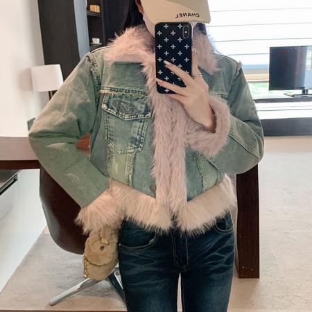 复古羊羔毛牛仔外套女冬季新款短款皮毛一体毛毛绒大衣  服裝批發女裝批發服飾貨源