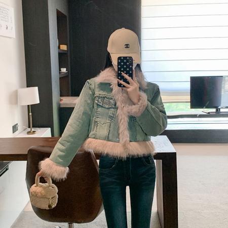 复古羊羔毛牛仔外套女冬季新款短款皮毛一体毛毛绒大衣  服裝批發女裝批發服飾貨源