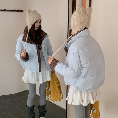 格子撞色立领冬季新款棉服女短款...