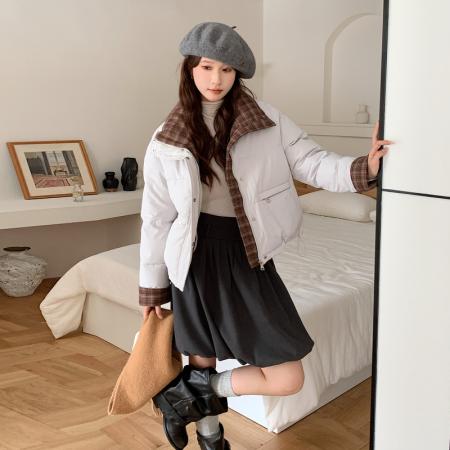 FA52162# 格子撞色立领冬季新款棉服女短款宽松学院风韩系宽松棉衣  服裝批發女裝批發服飾貨源
