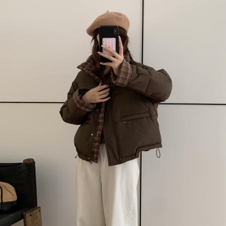 FA52162# 格子撞色立领冬季新款棉服女短款宽松学院风韩系宽松棉衣  服裝批發女裝批發服飾貨源