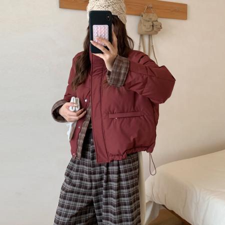 FA52162# 格子撞色立领冬季新款棉服女短款宽松学院风韩系宽松棉衣  服裝批發女裝批發服飾貨源