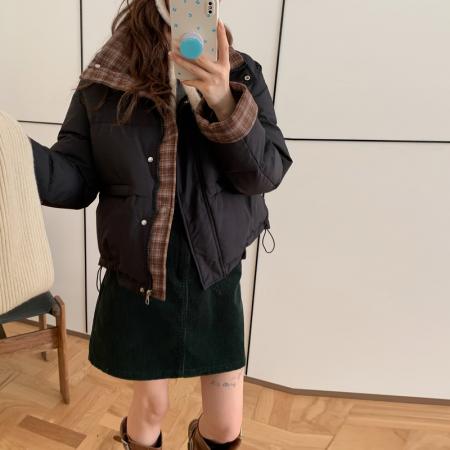 FA52162# 格子撞色立领冬季新款棉服女短款宽松学院风韩系宽松棉衣  服裝批發女裝批發服飾貨源