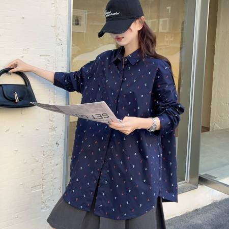 FA52163# 韩版春季船锚印花衬衫设计感简约休闲宽松长袖上衣衬衣时尚外套女  服裝批發女裝批發服飾貨源