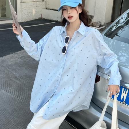 FA52163# 韩版春季船锚印花衬衫设计感简约休闲宽松长袖上衣衬衣时尚外套女  服裝批發女裝批發服飾貨源