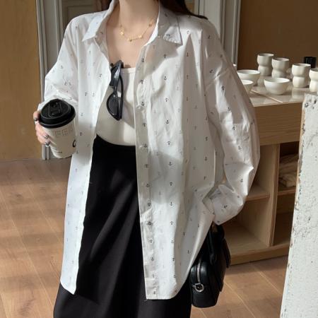 FA52163# 韩版春季船锚印花衬衫设计感简约休闲宽松长袖上衣衬衣时尚外套女  服裝批發女裝批發服飾貨源