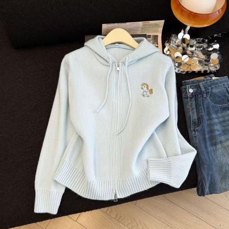 FA52164# 韩系连帽针织毛衣女秋冬加厚保暖宽松版拉链开衫上衣外套女潮  服裝批發女裝批發服飾貨源