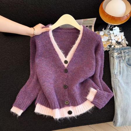 FA52165# 可露丽少女/玩转穿搭假两件撞色羊毛混纺针织开衫chic上衣潮  服裝批發女裝批發服飾貨源