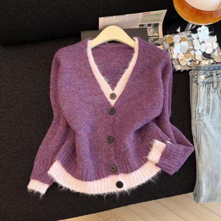 FA52165# 可露丽少女/玩转穿搭假两件撞色羊毛混纺针织开衫chic上衣潮  服裝批發女裝批發服飾貨源