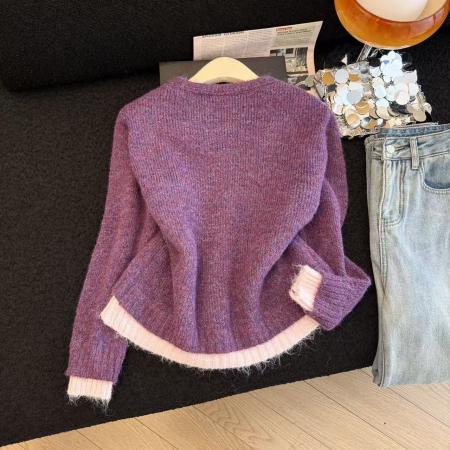 FA52165# 可露丽少女/玩转穿搭假两件撞色羊毛混纺针织开衫chic上衣潮  服裝批發女裝批發服飾貨源