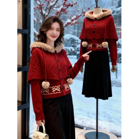 冬季搭配一整套设计感毛领针织毛...