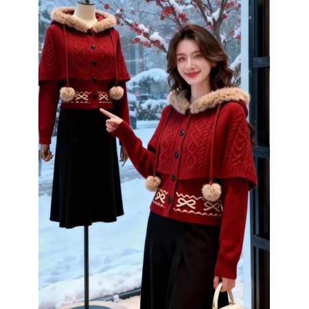 FA52167# 冬季搭配一整套设计感毛领针织毛衣外套半身裙慵懒时髦好看套装女  服裝批發女裝批發服飾貨源