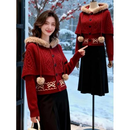 FA52167# 冬季搭配一整套设计感毛领针织毛衣外套半身裙慵懒时髦好看套装女  服裝批發女裝批發服飾貨源