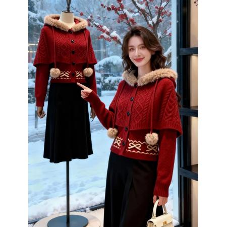 FA52167# 冬季搭配一整套设计感毛领针织毛衣外套半身裙慵懒时髦好看套装女  服裝批發女裝批發服飾貨源