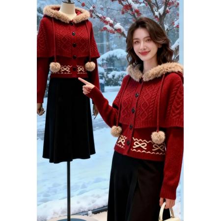 FA52167# 冬季搭配一整套设计感毛领针织毛衣外套半身裙慵懒时髦好看套装女  服裝批發女裝批發服飾貨源