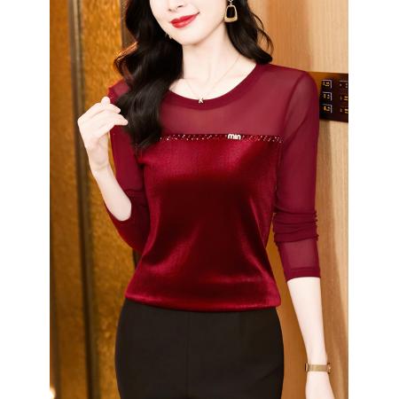 FA52169# 新款时尚百搭圆领丝绒钉珠拼接网纱长袖打底衫女  服裝批發女裝批發服飾貨源