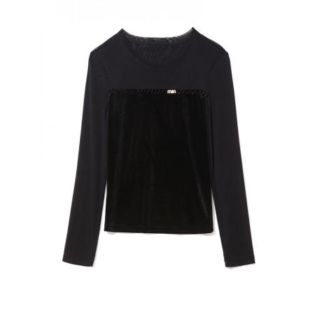 FA52169# 新款时尚百搭圆领丝绒钉珠拼接网纱长袖打底衫女  服裝批發女裝批發服飾貨源