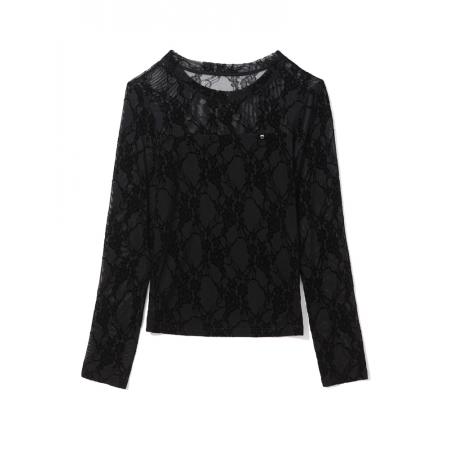 FA52171# 新款洋气百搭圆领黑色植绒长袖网纱打底衫女  服裝批發女裝批發服飾貨源