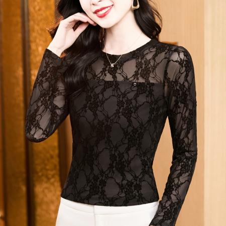 FA52171# 新款洋气百搭圆领黑色植绒长袖网纱打底衫女  服裝批發女裝批發服飾貨源