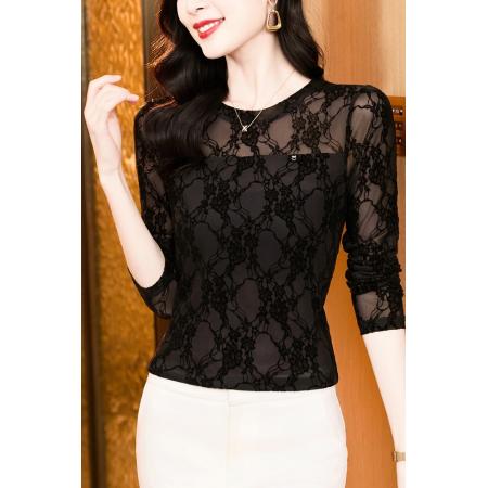 FA52171# 新款洋气百搭圆领黑色植绒长袖网纱打底衫女  服裝批發女裝批發服飾貨源
