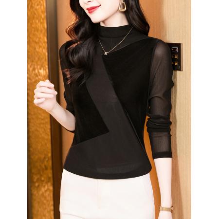 FA52172# 新款时尚百搭丝绒拼接纯色网纱长袖高领打底衫女  服裝批發女裝批發服飾貨源