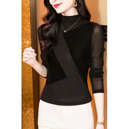 FA52172# 新款时尚百搭丝绒拼接纯色网纱长袖高领打底衫女  服裝批發女裝批發服飾貨源