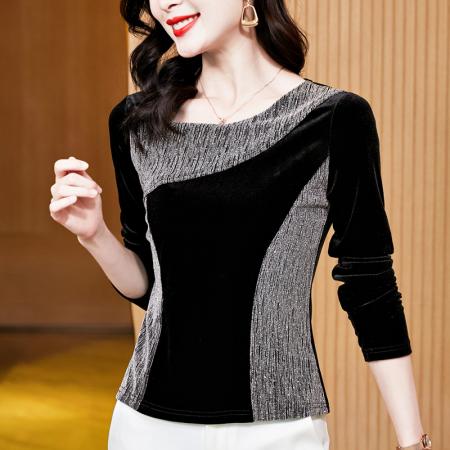 FA52173# 新款气质百搭亮丝拼接丝绒修身显瘦长袖打底长袖t恤  服裝批發女裝批發服飾貨源
