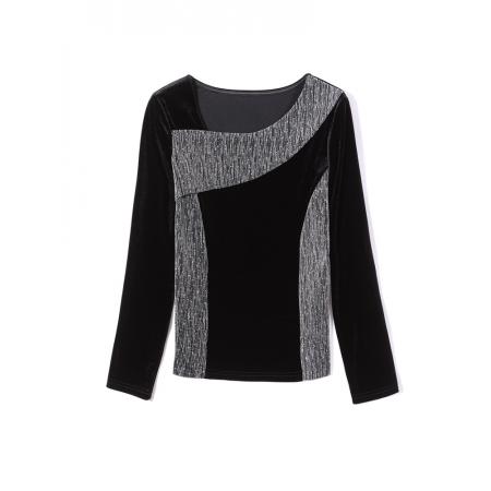 FA52173# 新款气质百搭亮丝拼接丝绒修身显瘦长袖打底长袖t恤  服裝批發女裝批發服飾貨源