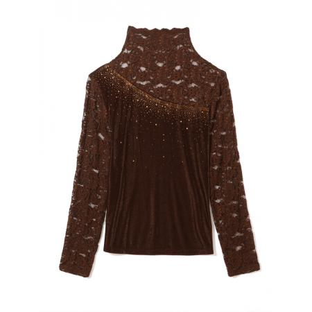 FA52174# 新款洋气百搭蕾丝拼接高领烫钻丝绒长袖打底衫女  服裝批發女裝批發服飾貨源