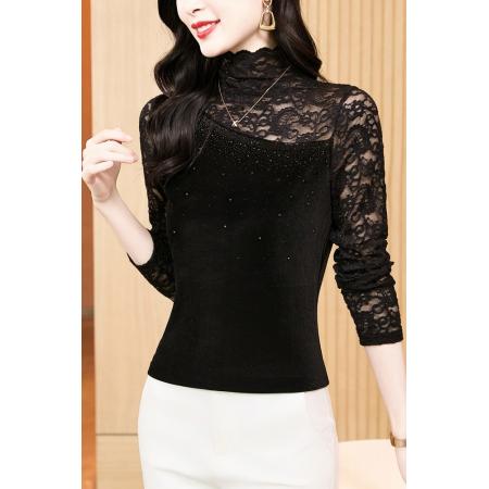 FA52174# 新款洋气百搭蕾丝拼接高领烫钻丝绒长袖打底衫女  服裝批發女裝批發服飾貨源