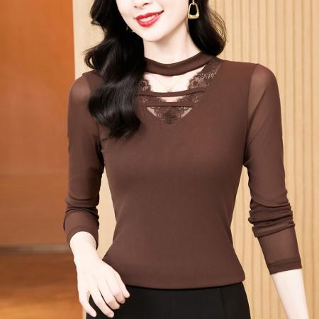 新款洋气百搭V领蕾丝拼接纯色长...