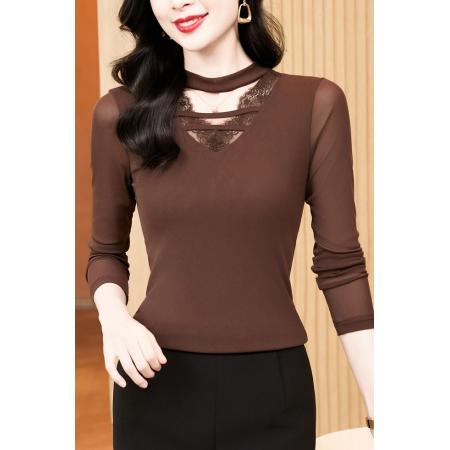 FA52175# 新款洋气百搭V领蕾丝拼接纯色长袖网纱打底衫女  服裝批發女裝批發服飾貨源