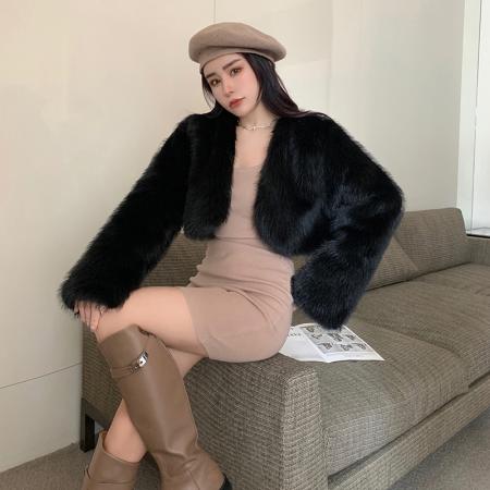 东大门秋冬韩版仿皮草环保毛高级感显瘦气质短款弧形毛毛外套  服裝批發女裝批發服飾貨源