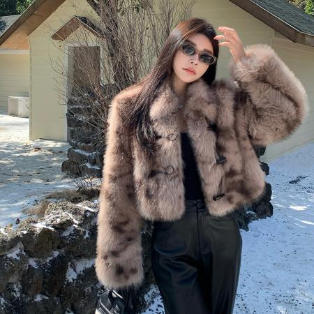 FA52179# 冬季复古牛角扣短款豹纹仿狐狸毛皮草短款外套年轻款毛毛大衣  服裝批發女裝批發服飾貨源