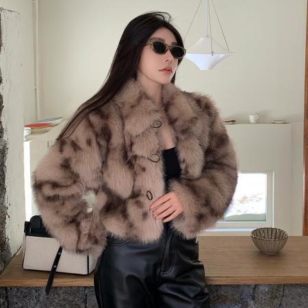 FA52179# 冬季复古牛角扣短款豹纹仿狐狸毛皮草短款外套年轻款毛毛大衣  服裝批發女裝批發服飾貨源