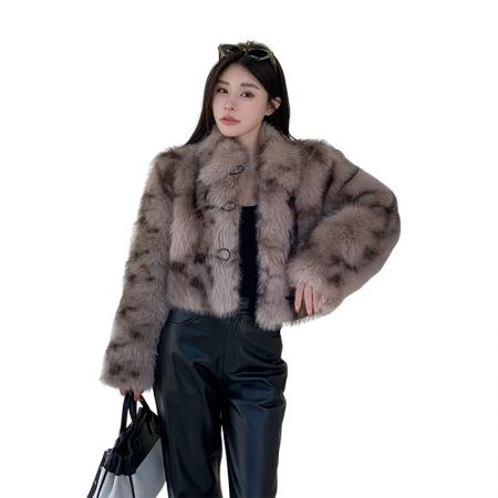 FA52179# 冬季复古牛角扣短款豹纹仿狐狸毛皮草短款外套年轻款毛毛大衣  服裝批發女裝批發服飾貨源