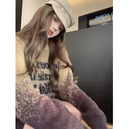 FA52180# 美拉德美式复古风水貂绒渐变字母宽松休闲圆领毛衣  服裝批發女裝批發服飾貨源