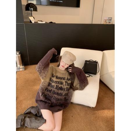 FA52180# 美拉德美式复古风水貂绒渐变字母宽松休闲圆领毛衣  服裝批發女裝批發服飾貨源