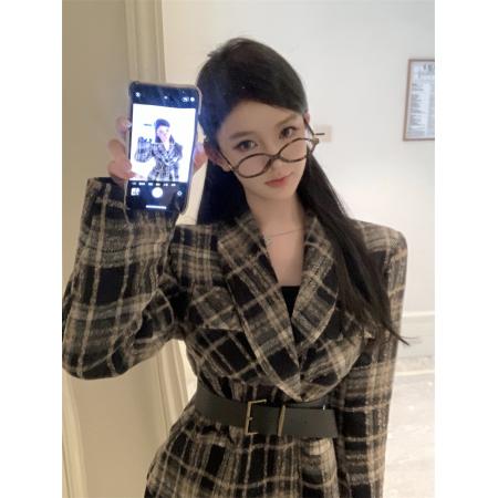 FA52181# 韩版复古时尚小众格纹高级感显瘦双排扣系带收腰西装外套  服裝批發女裝批發服飾貨源