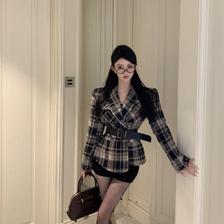FA52181# 韩版复古时尚小众格纹高级感显瘦双排扣系带收腰西装外套  服裝批發女裝批發服飾貨源