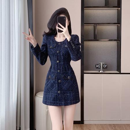 LN76406# 秋冬新款法式气质轻熟风收腰显瘦高端时尚休闲粗花呢连衣裙女