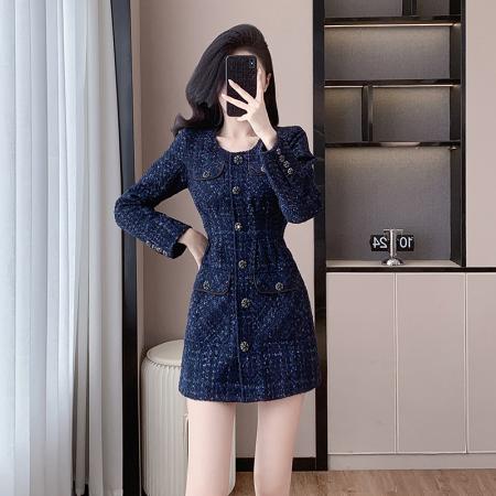 LN76406# 秋冬新款法式气质轻熟风收腰显瘦高端时尚休闲粗花呢连衣裙女