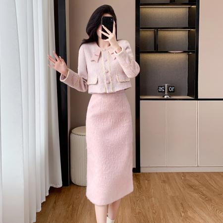 FA52184# 秋冬法式拼接粉色甜美气质小香风两件套  服裝批發女裝批發服飾貨源