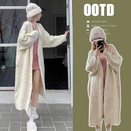 FA52185# 小众灰色麻花针织开衫女秋冬季新款慵懒风宽松中长款软糯毛衣外套  服裝批發女裝批發服飾貨源