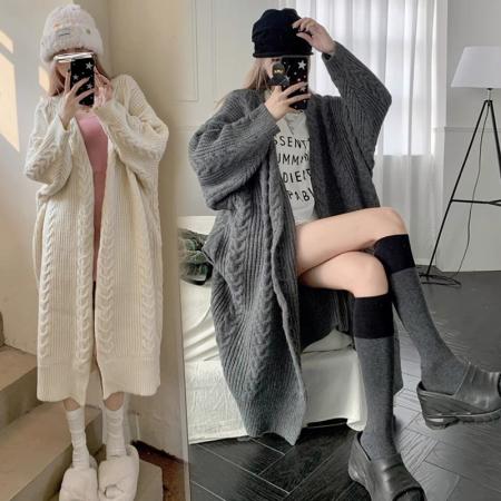 FA52185# 小众灰色麻花针织开衫女秋冬季新款慵懒风宽松中长款软糯毛衣外套  服裝批發女裝批發服飾貨源