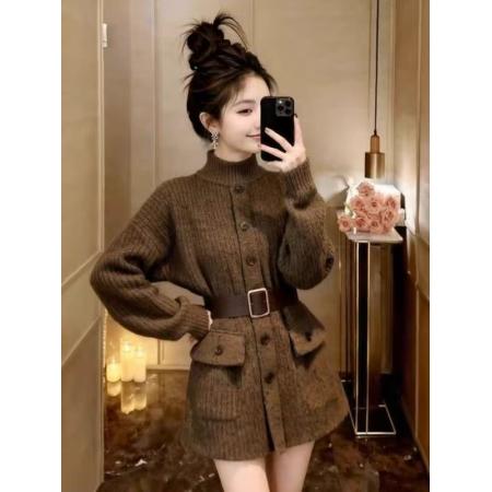 美拉德风棕色立领针织连衣裙女秋...