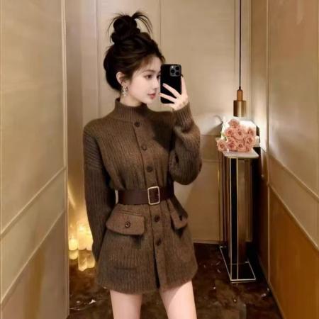 FA52190# 美拉德风棕色立领针织连衣裙女秋冬季收腰高级感气质毛衣裙子  服裝批發女裝批發服飾貨源