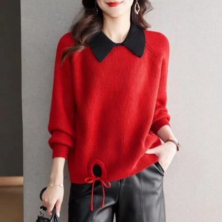 FA52192# 时尚娃娃领撞色毛衣女士短款秋冬新款设计感内搭针织打底衫厚  服裝批發女裝批發服飾貨源