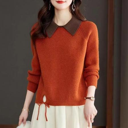 FA52192# 时尚娃娃领撞色毛衣女士短款秋冬新款设计感内搭针织打底衫厚  服裝批發女裝批發服飾貨源